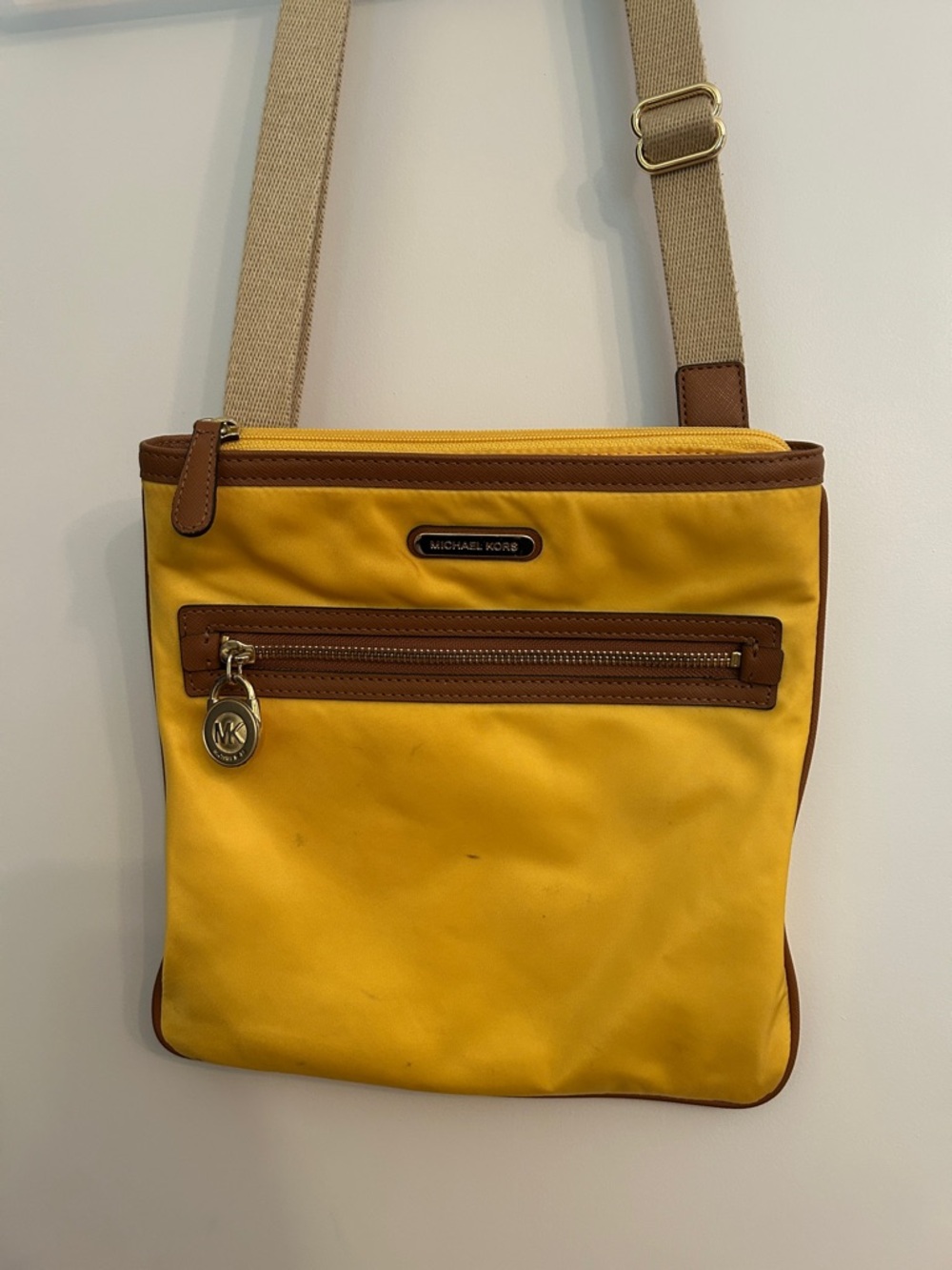 Michael Kors Yellow Nylon Crossbody with Brown Trim and Beige Strap